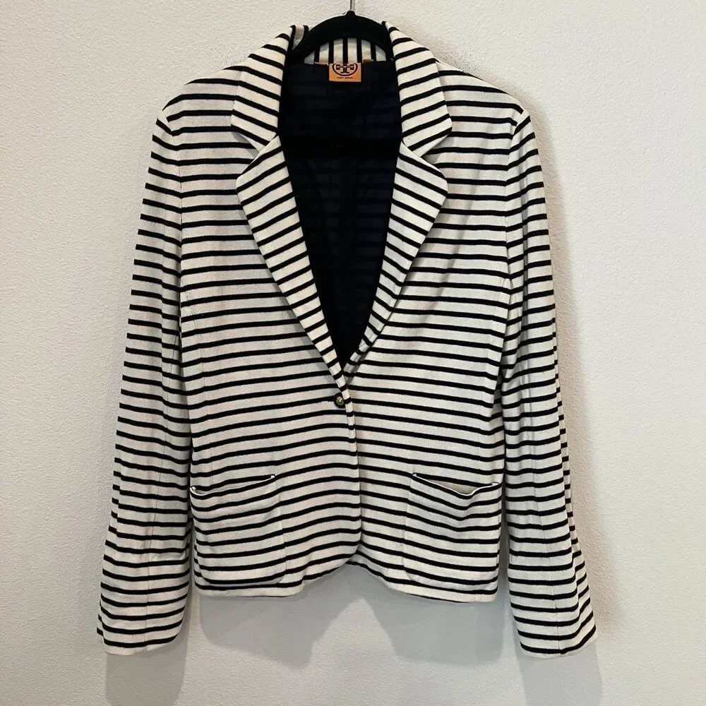 Tory Burch Womens Knit Striped One Button Blazer Jacket Navy White Size Large